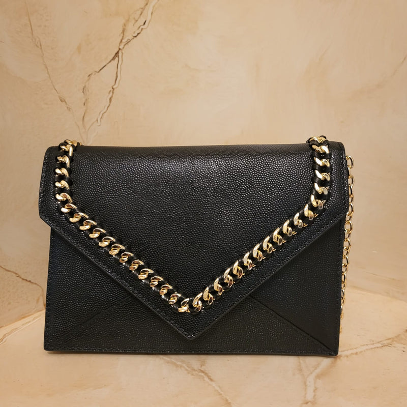 Black Caviar Genuine Leather  w Gold Chain Edge Envelope Style Evening Bag