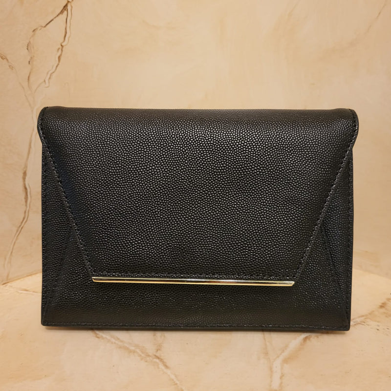 Black Caviar Genuine Leather w Thin Gold Bar Evening Bag