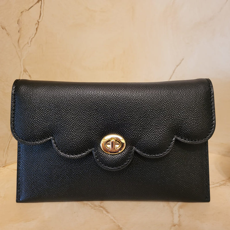 Black Caviar Genuine Leather Scalloped Edge Flap w Gold Turnlock Evening Bag