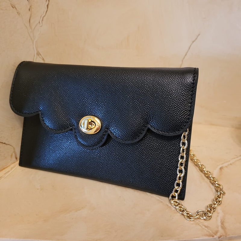 Black Caviar Genuine Leather Scalloped Edge Flap w Gold Turnlock Evening Bag