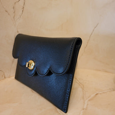 Black Caviar Genuine Leather Scalloped Edge Flap w Gold Turnlock Evening Bag