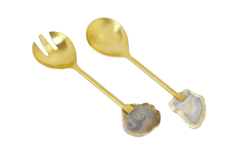 Set of 2 Gold Salad Serving Spoons with Agate Stone Handles