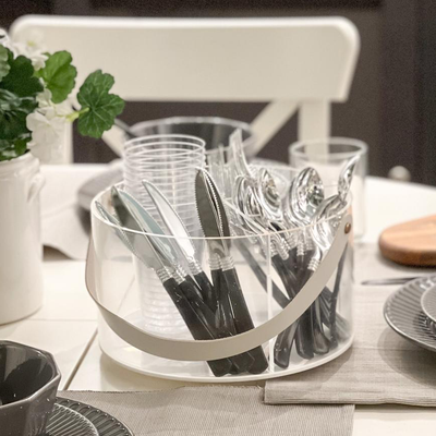 Lucite Cutlery Utensil Holder Caddy with Leatherette Handles