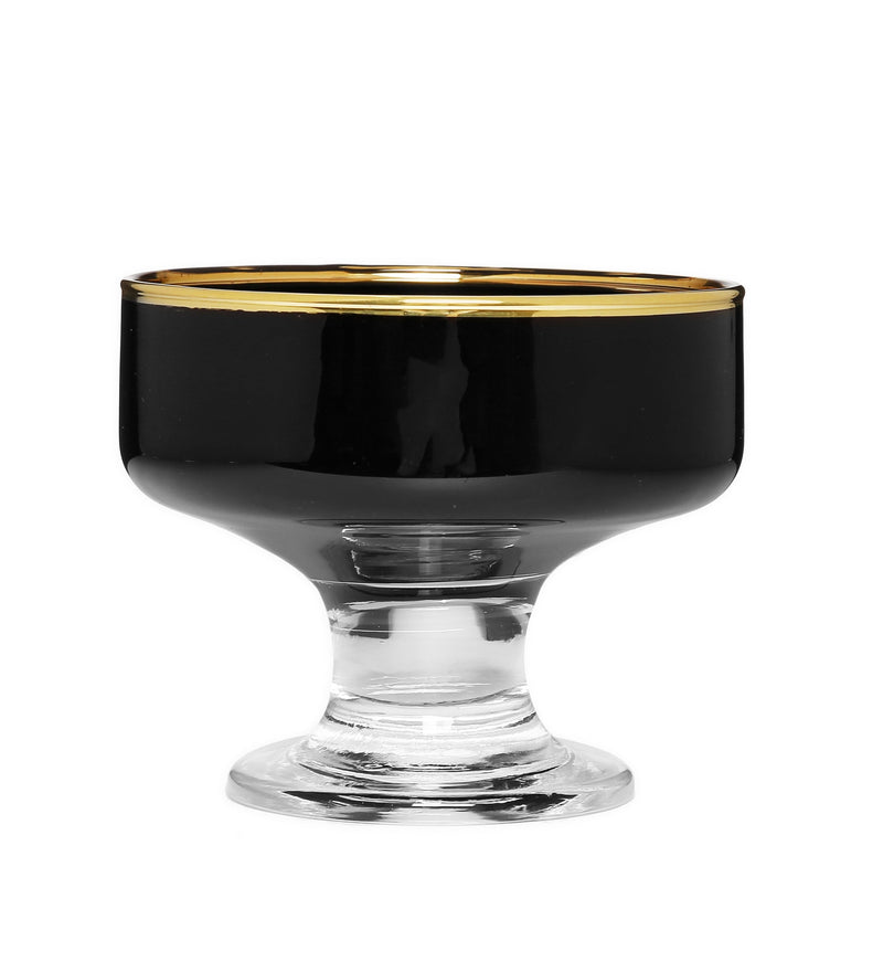 Set of 6 Black/White Dessert Cups with Clear Stem and Gold Rim