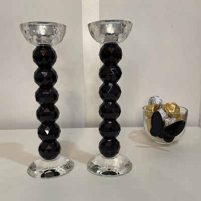 Pair of 10” Black Crystal Ball Candlesticks