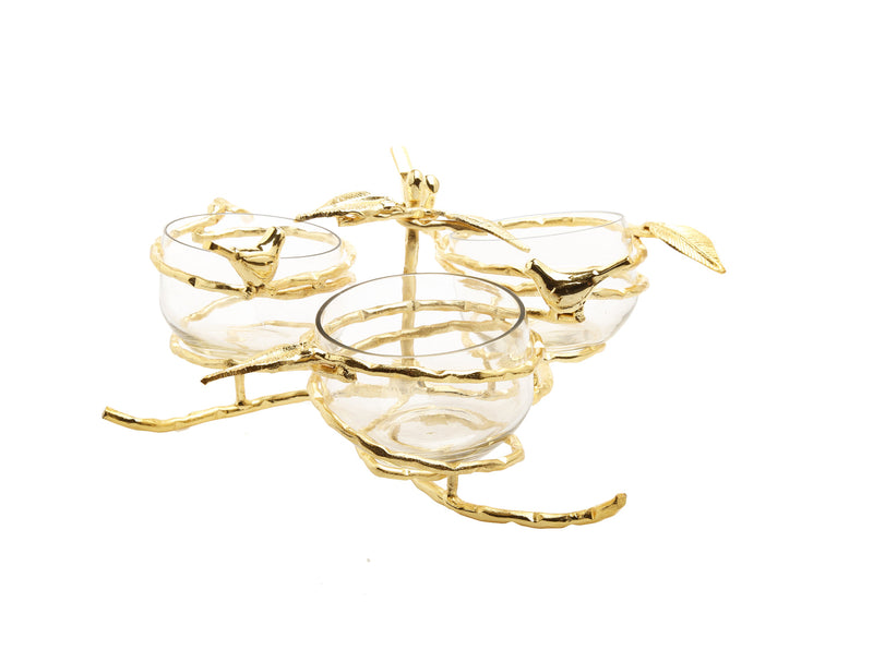 Gold Leaf 3 bowl Relish Dish with Glass Inserts