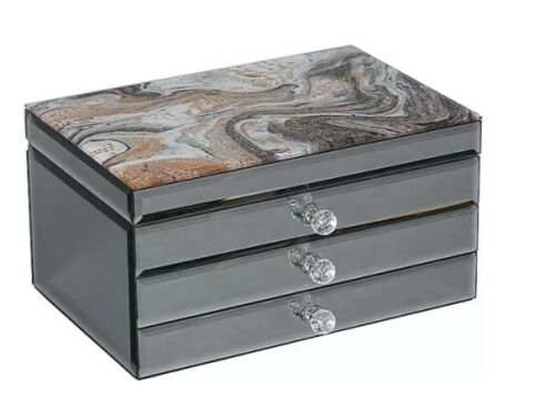 Maxine Mirrored & Marbled Glass Jewelry Box with Gold Accents