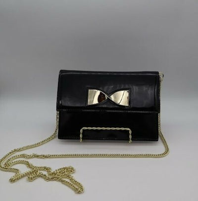 Black Patent Genuine Leather Clutch w/ Gold 3D Metal Bow