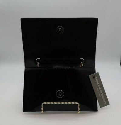 Black Patent Genuine Leather Clutch w/ Gold 3D Metal Bow