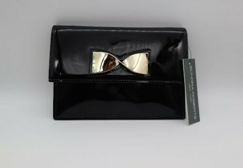 Black Patent Genuine Leather Clutch w/ Gold 3D Metal Bow