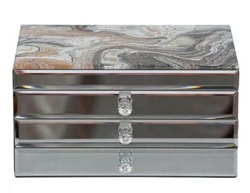 Maxine Mirrored & Marbled Glass Jewelry Box with Gold Accents