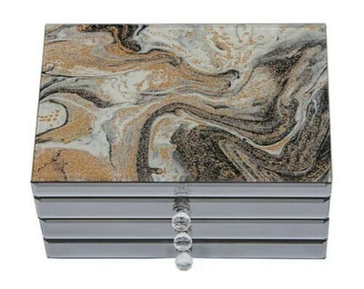 Maxine Mirrored & Marbled Glass Jewelry Box with Gold Accents