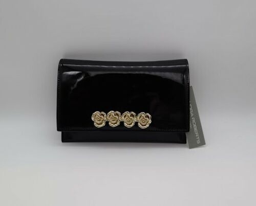 Black Patent Genuine Leather Clutch w/ Gold 3D Metal Flower Bar