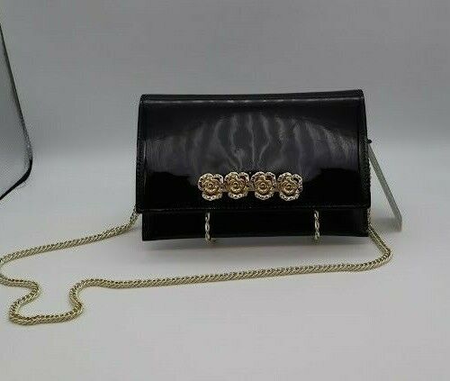 Black Patent Genuine Leather Clutch w/ Gold 3D Metal Flower Bar