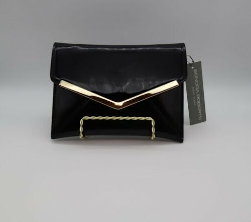 Black Patent Genuine Leather Clutch w/ Gold 3D Metal Envelope Bar