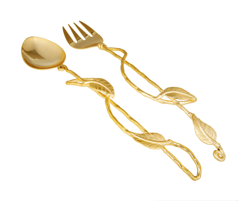 Set Of 2 Gold Salad Servers With Leaf Design