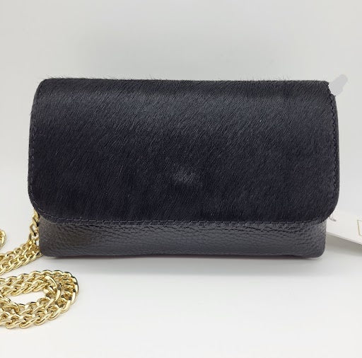 Black Genuine Leather with Cow Hide Flap Evening Bag