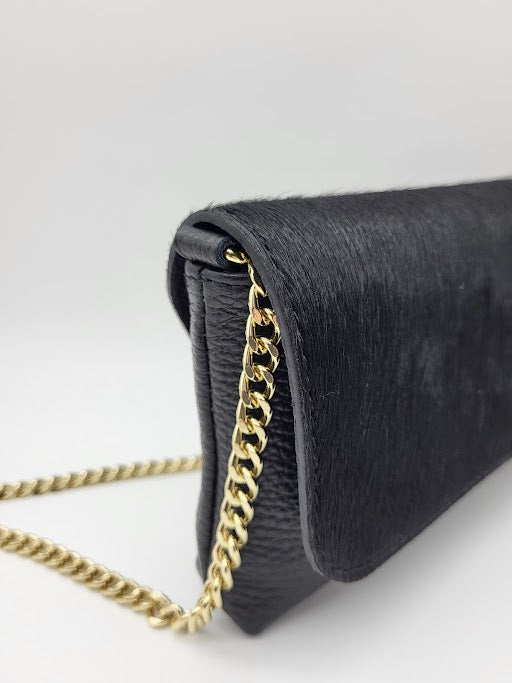 Black Genuine Leather with Cow Hide Flap Evening Bag