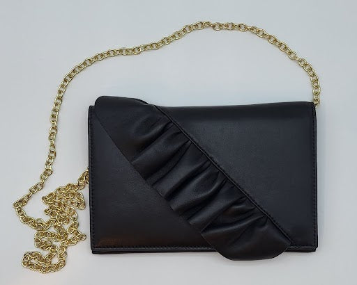 Black Genuine Leather Slanted Ruffle Evening Bag incl. long gold chain