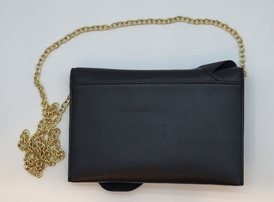 Black Genuine Leather Slanted Ruffle Evening Bag incl. long gold chain