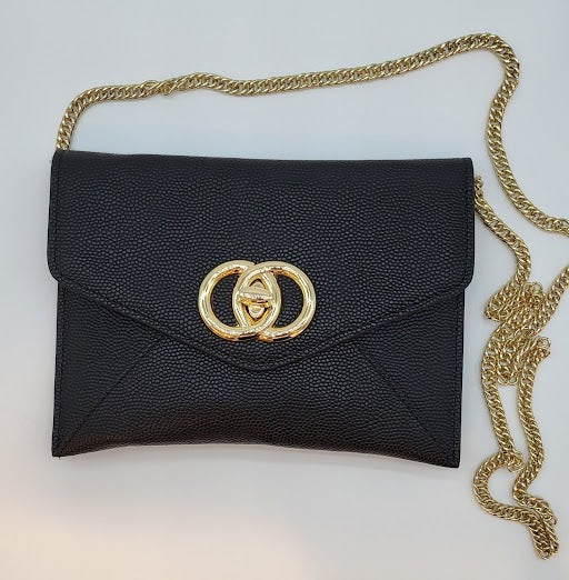 Black Caviar Leather Clutch w Gold Metal Lock