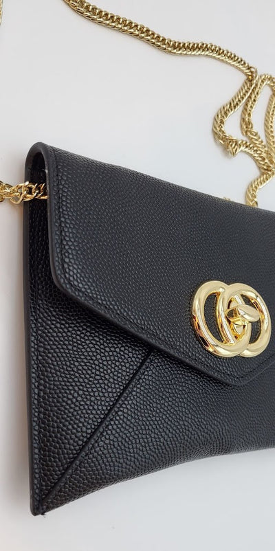 Black Caviar Leather Clutch w Gold Metal Lock