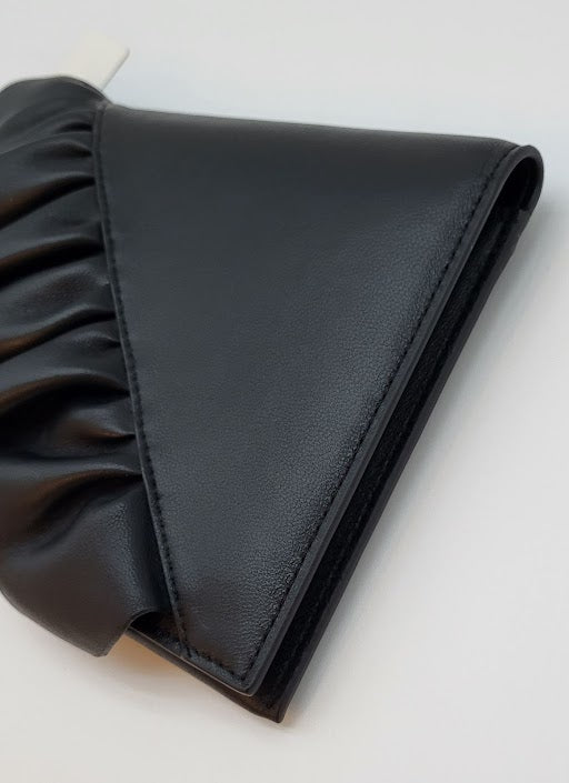 Black Genuine Leather Slanted Ruffle Evening Bag incl. long gold chain