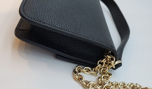 Black Caviar Genuine Leather with Gold slide lock Evening Bag