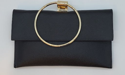 Black Saffiano Genuine Leather Evening Bag w Gold Bracelet handle incl. gold long chain