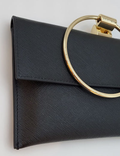 Black Saffiano Genuine Leather Evening Bag w Gold Bracelet handle incl. gold long chain