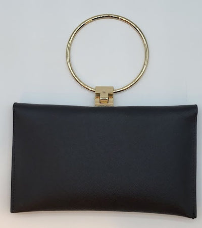 Black Saffiano Genuine Leather Evening Bag w Gold Bracelet handle incl. gold long chain