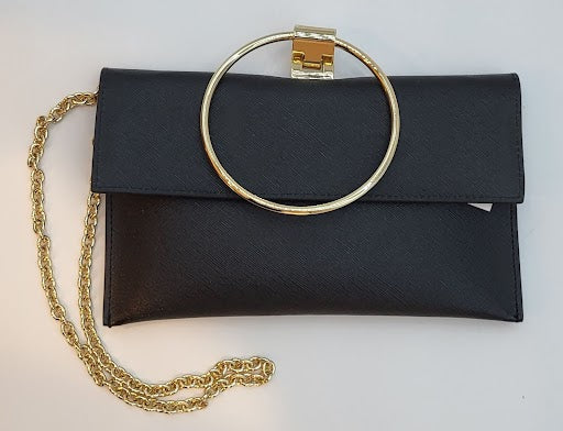 Black Saffiano Genuine Leather Evening Bag w Gold Bracelet handle incl. gold long chain