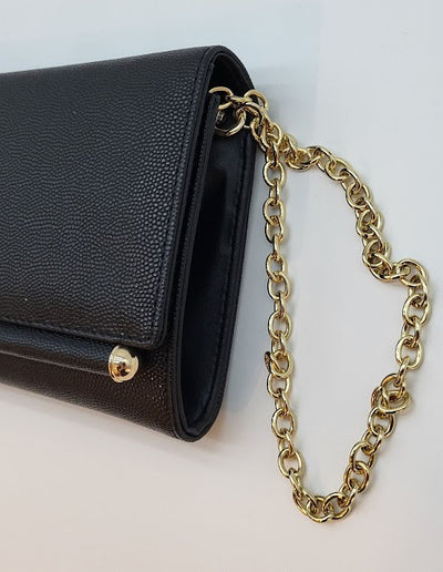 Black Caviar Genuine Leather Flap w 2 Gold Balls at edges Evening Bag