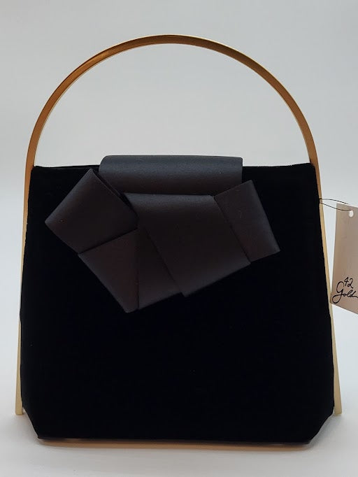 Black Velvet Bucket Bag w Satin Origami Knot-Gold Hard Handle