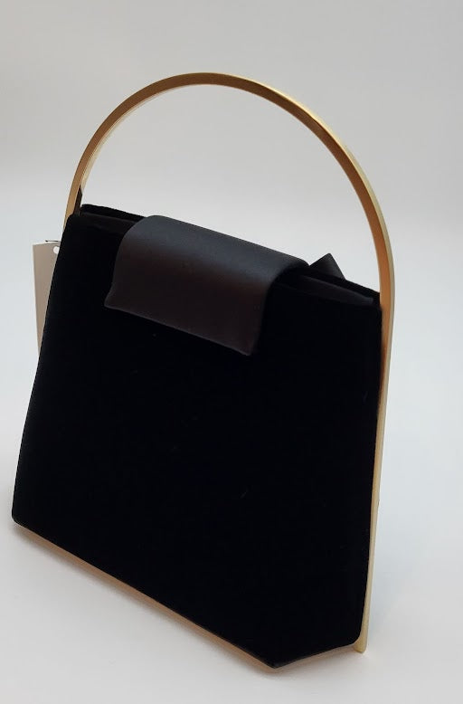 Black Velvet Bucket Bag w Satin Origami Knot-Gold Hard Handle