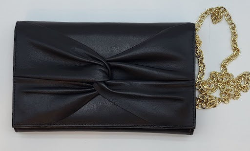 Black Genuine Leather Evening Bag w Twist Leather Bow