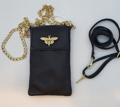 Black Textured Genuine Leather Cellphone Crossbody