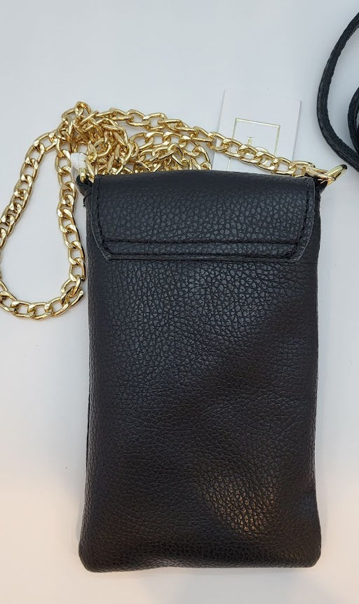 Black Textured Genuine Leather Cellphone Crossbody