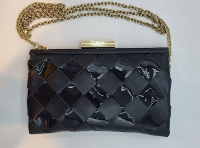 Black Framed Clutch Woven Nappa Patent Genuine Leather Clutch