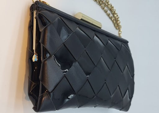 Black Framed Clutch Woven Nappa Patent Genuine Leather Clutch