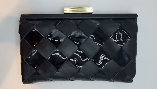 Black Framed Clutch Woven Nappa Patent Genuine Leather Clutch