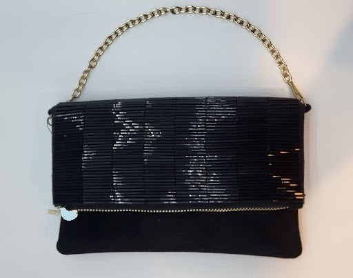 Black Suede w Beaded Fold over Flap Evening Bag