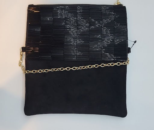 Black Suede w Beaded Fold over Flap Evening Bag