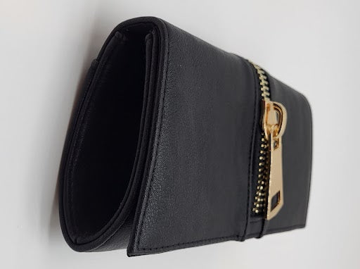 Black Leather Clutch w Gold Zipper Detail