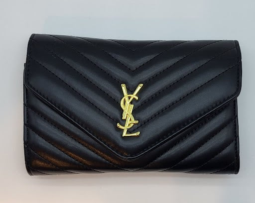 Black Quilted Saint Laurent Gold Logo Envelope Evening Bag