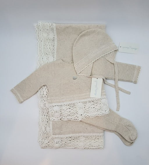 Beige and Ivory 4 pc Knit Outfit with Ivory Lace Edge