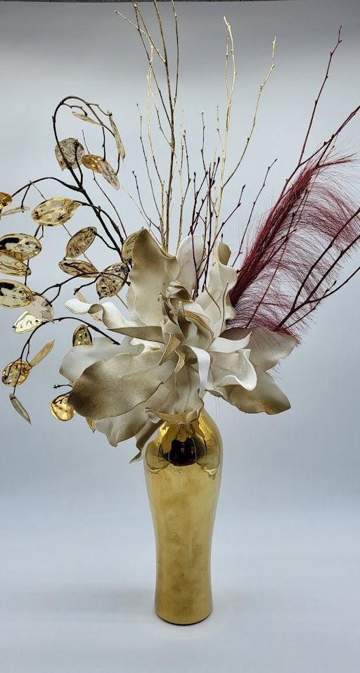 Gold Vase filled with White/gold foam flower, burgundy feather, gold leaves and branches