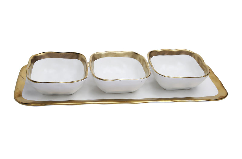 White Porcelain Relish Dish with 3 Square Bowls with Gold Trim